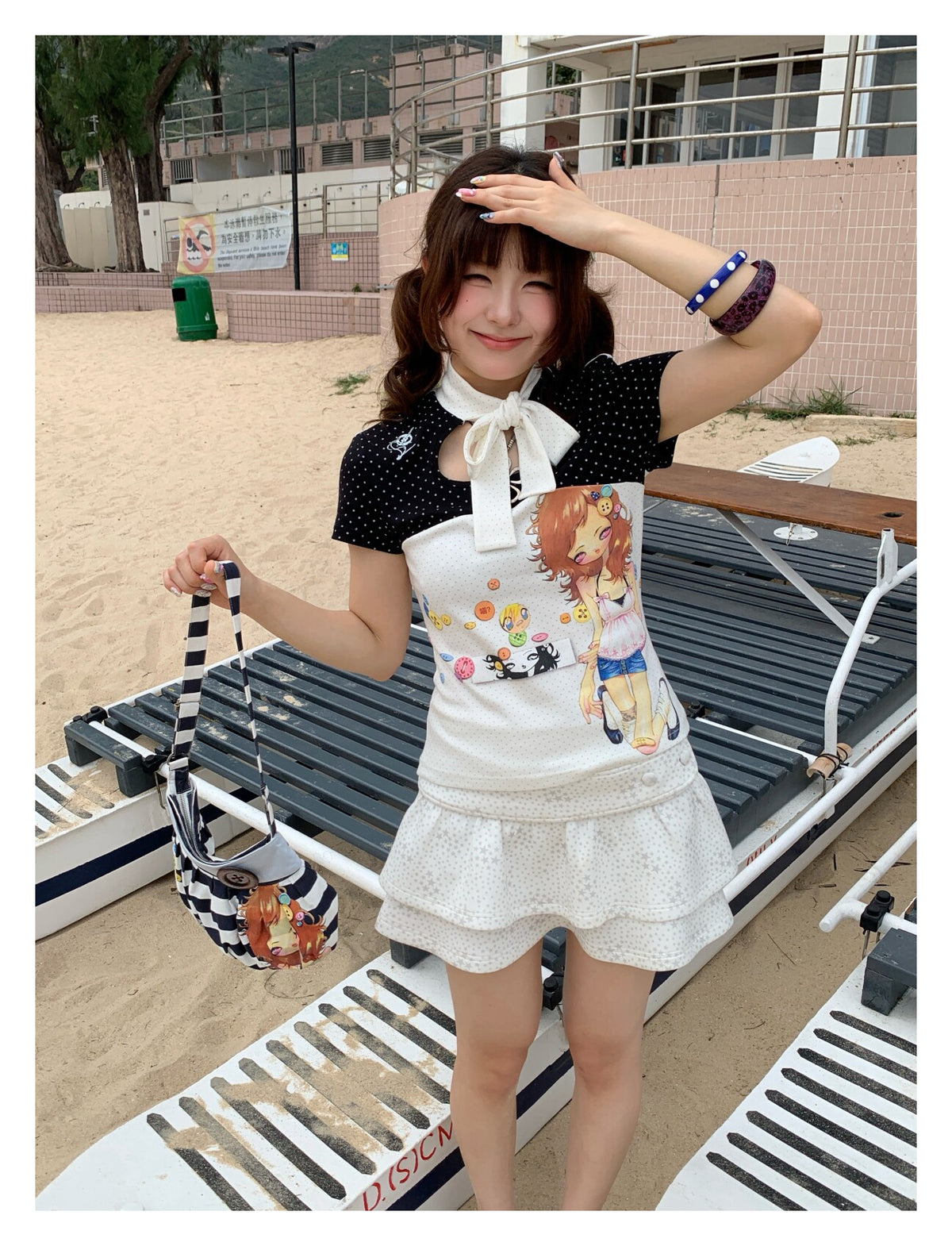Polka Dot Bow-Tie Graphic Fitted Tee