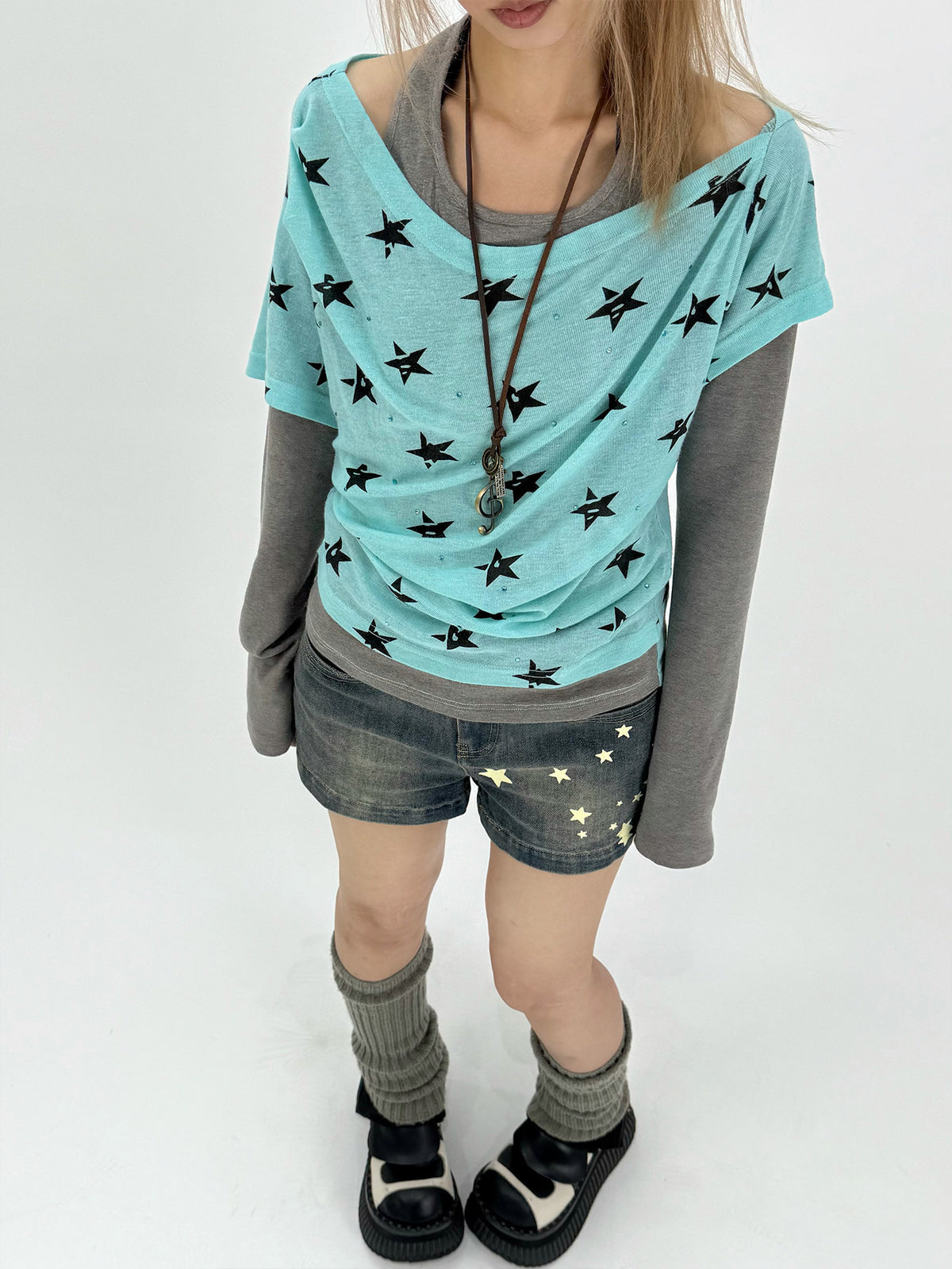 Star Print Faux-Layered Off-Shoulder Long Sleeve Top