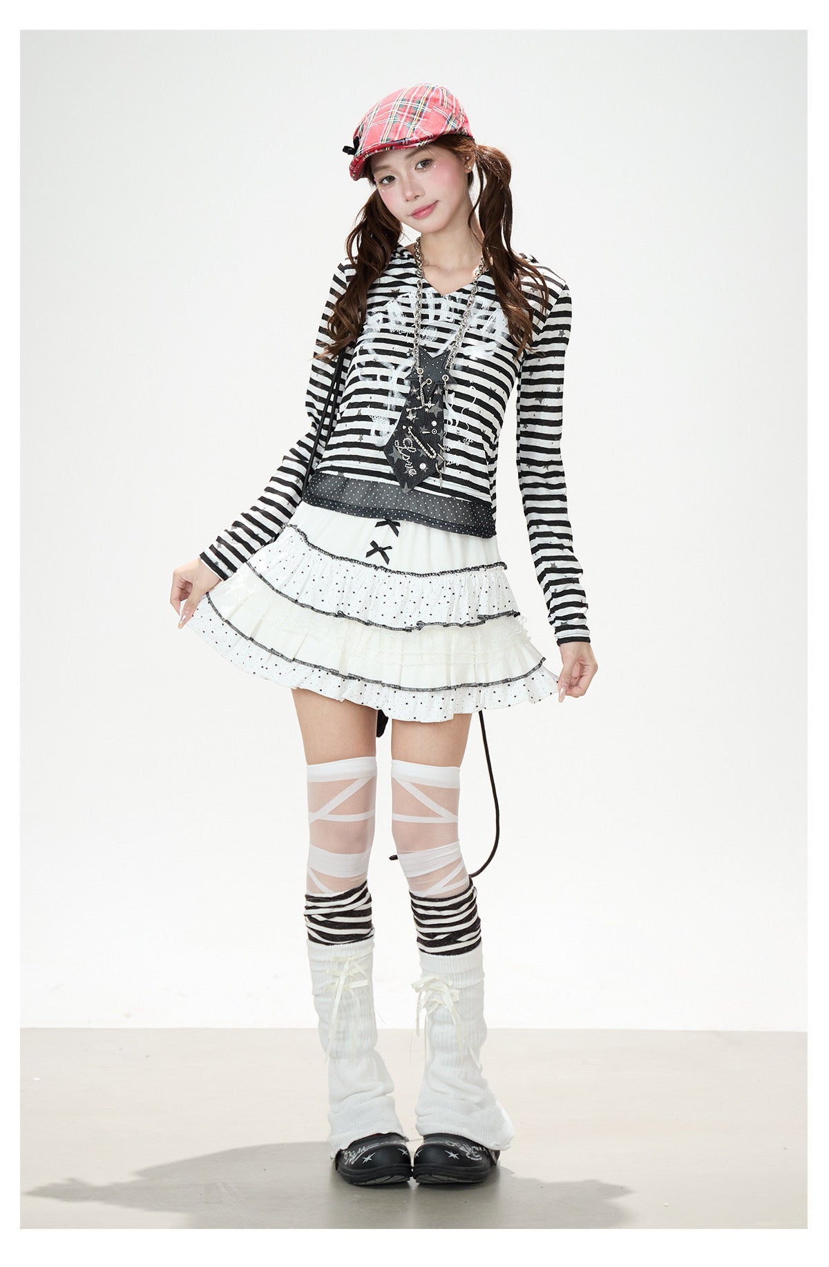 Star Stripe Bunny-Ear Hooded V-Neck Long Sleeve Top