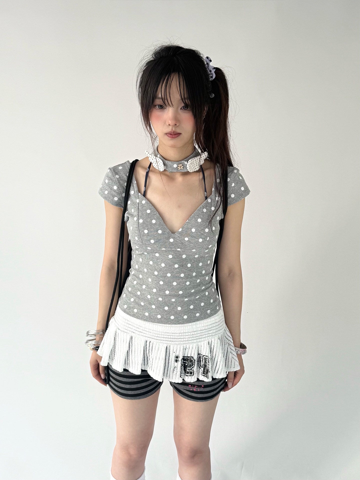 Mechanical Bear Polka Dot V-Neck Fitted Tee with Choker