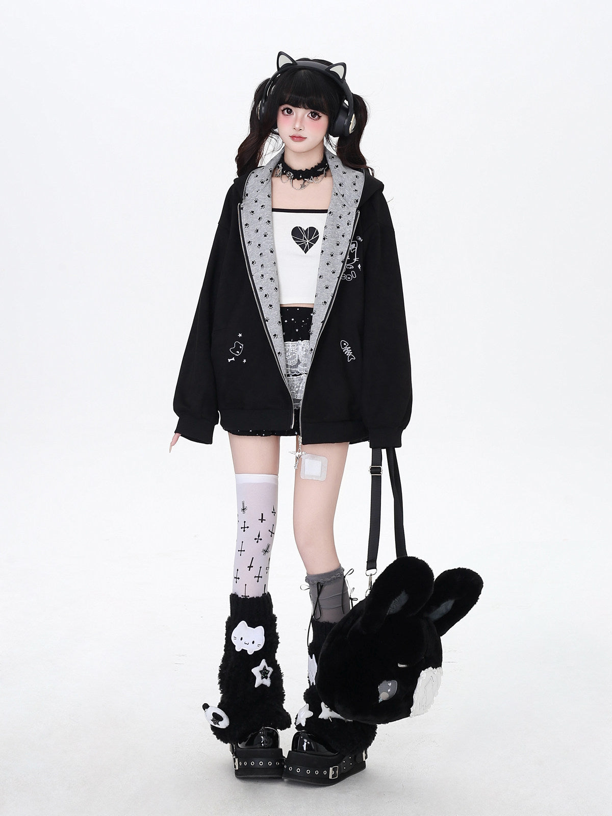 Cat Paw Embroidered Cat-Ear Zip Hoodie