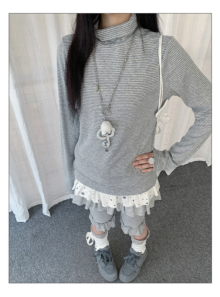 Fine Stripe Mock-Neck Long Sleeve Top