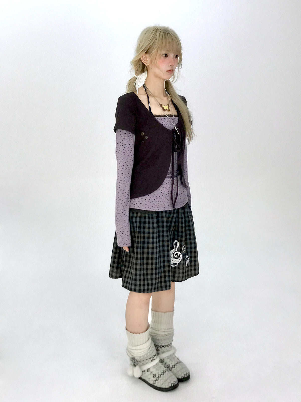 Striped Polka Dot Faux-Layered Button Long Sleeve Top