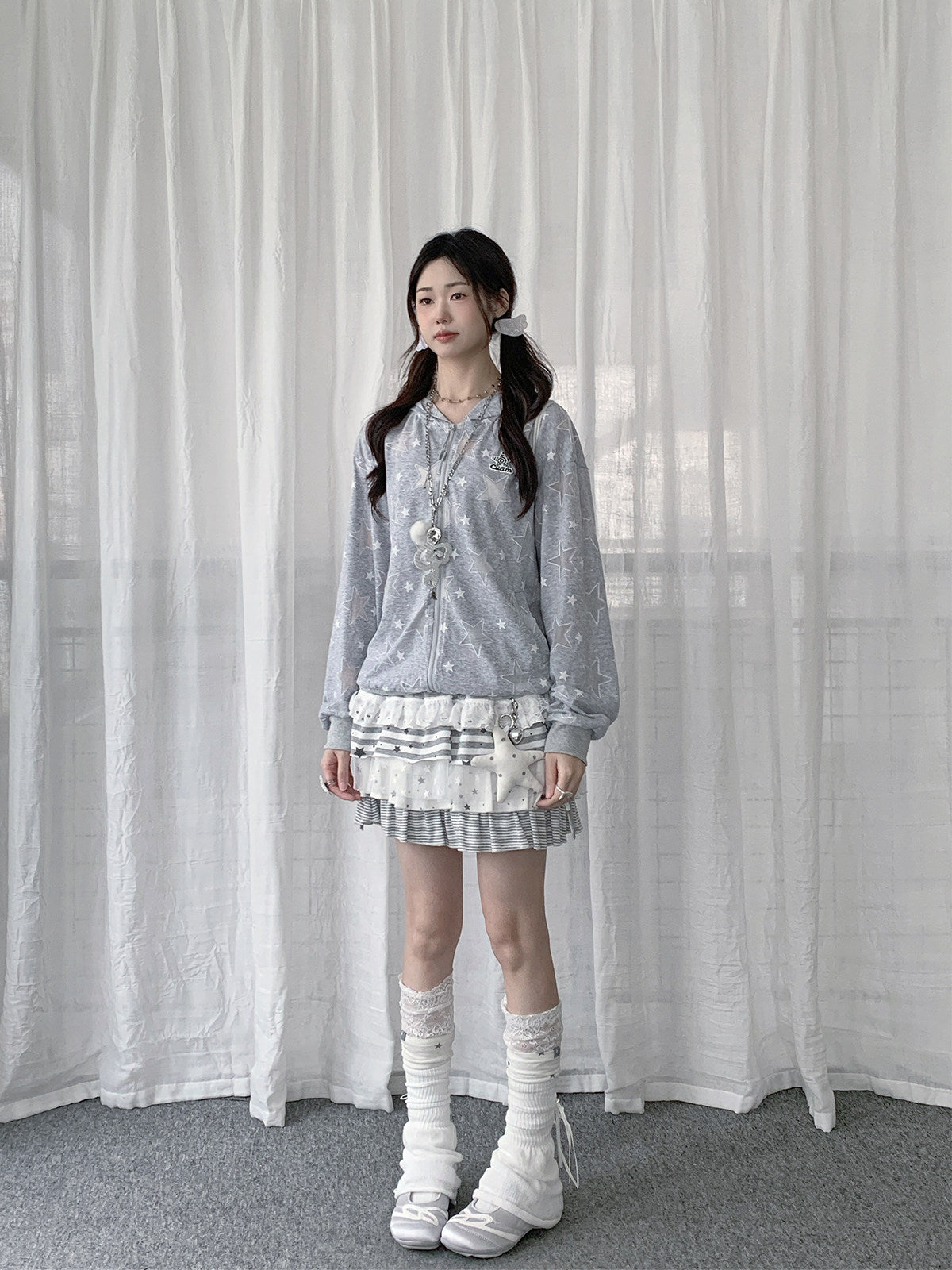 Gray Star Print Lightweight Zip-Up Hoodie