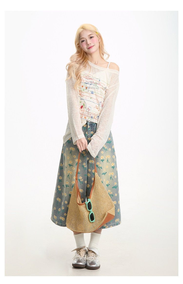 Cat & Puppy Sheer Graphic Long Sleeve Top