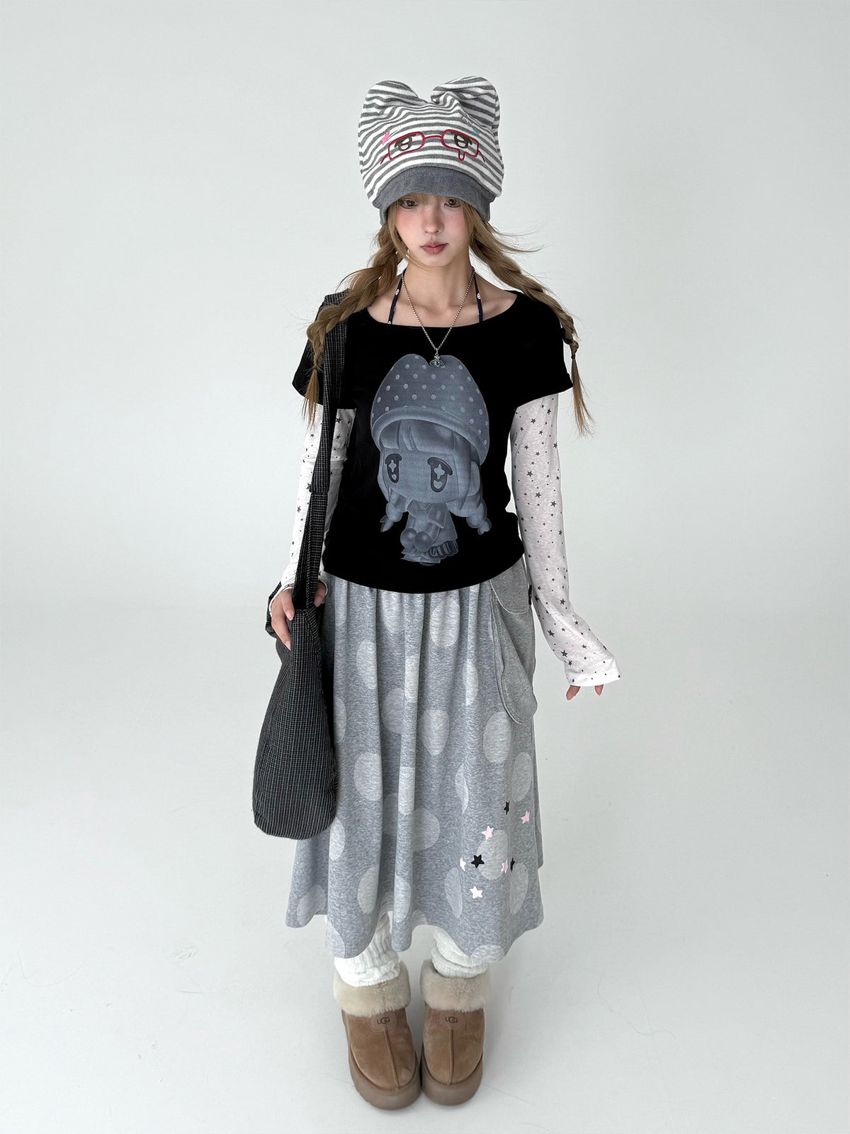 Mushroom Girl Star Faux-Layered Long Sleeve Tee