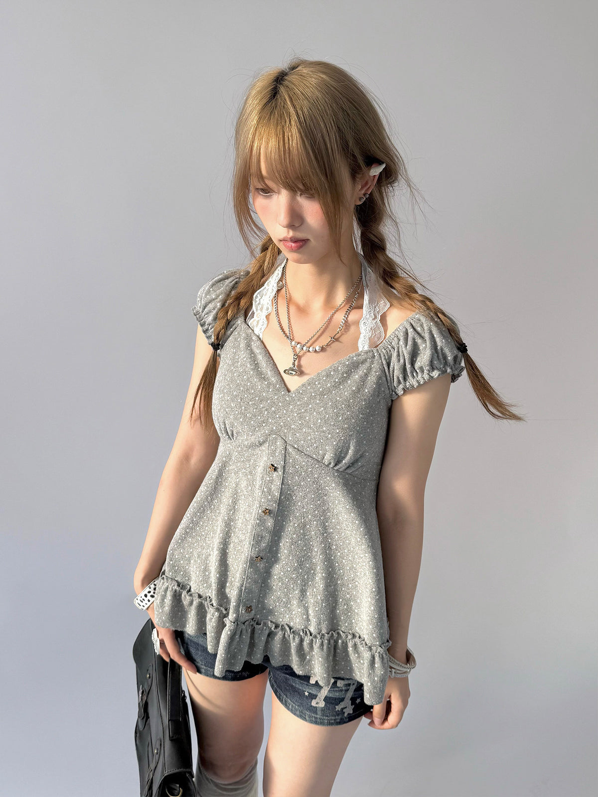 Polka Dot Lace Halter Ruffle Tee