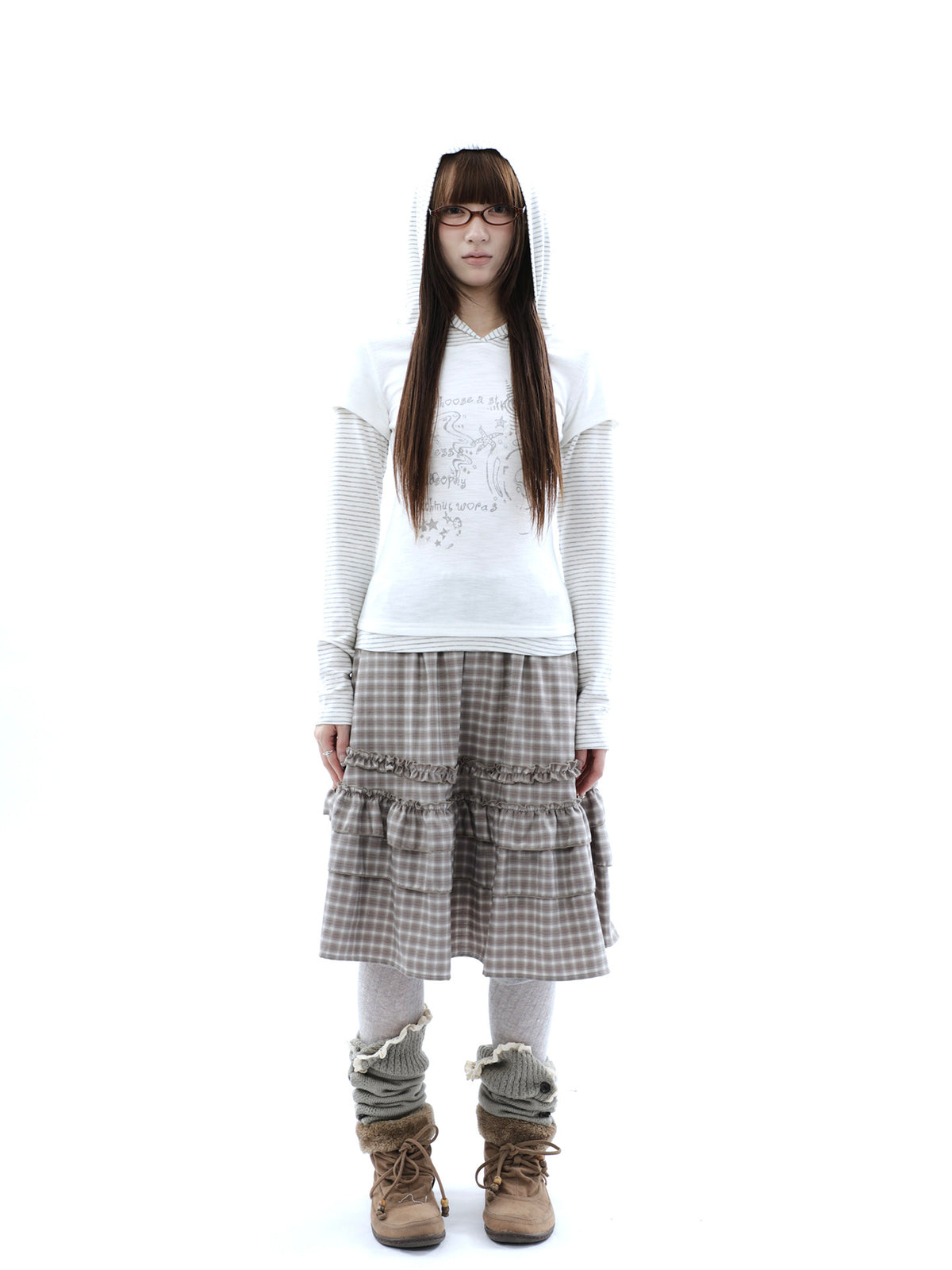 Plaid Ruffle-Tiered Midi Skirt
