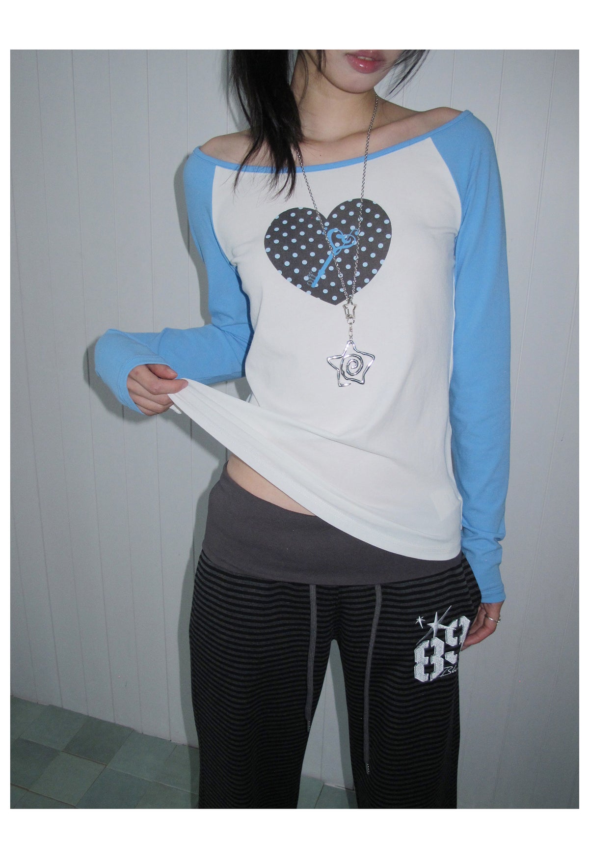 Polka Dot Heart Key Contrast Raglan Long Sleeve Tee