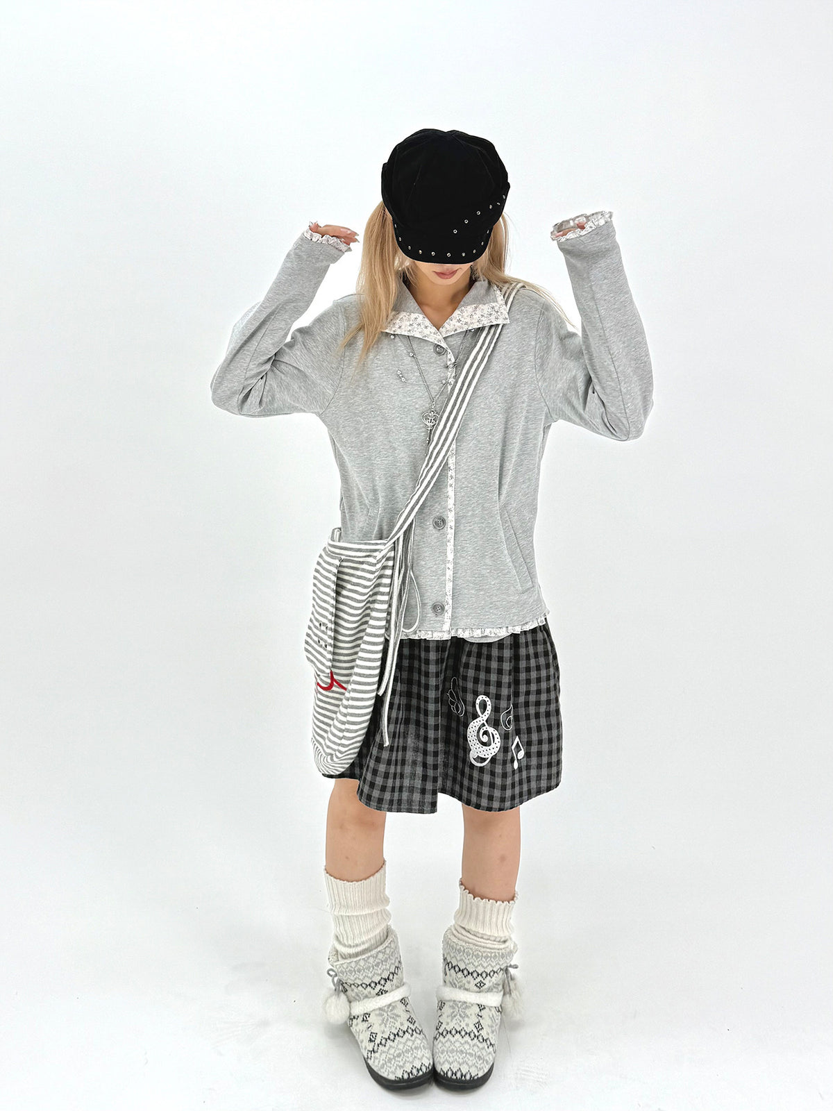 Floral-Trim Stand Collar Button Cardigan