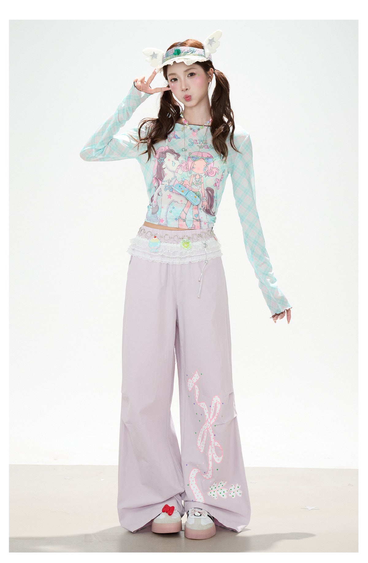 Pastel Anime Plaid Long Sleeve Top & Camo Lace-Trim Midi Skirt