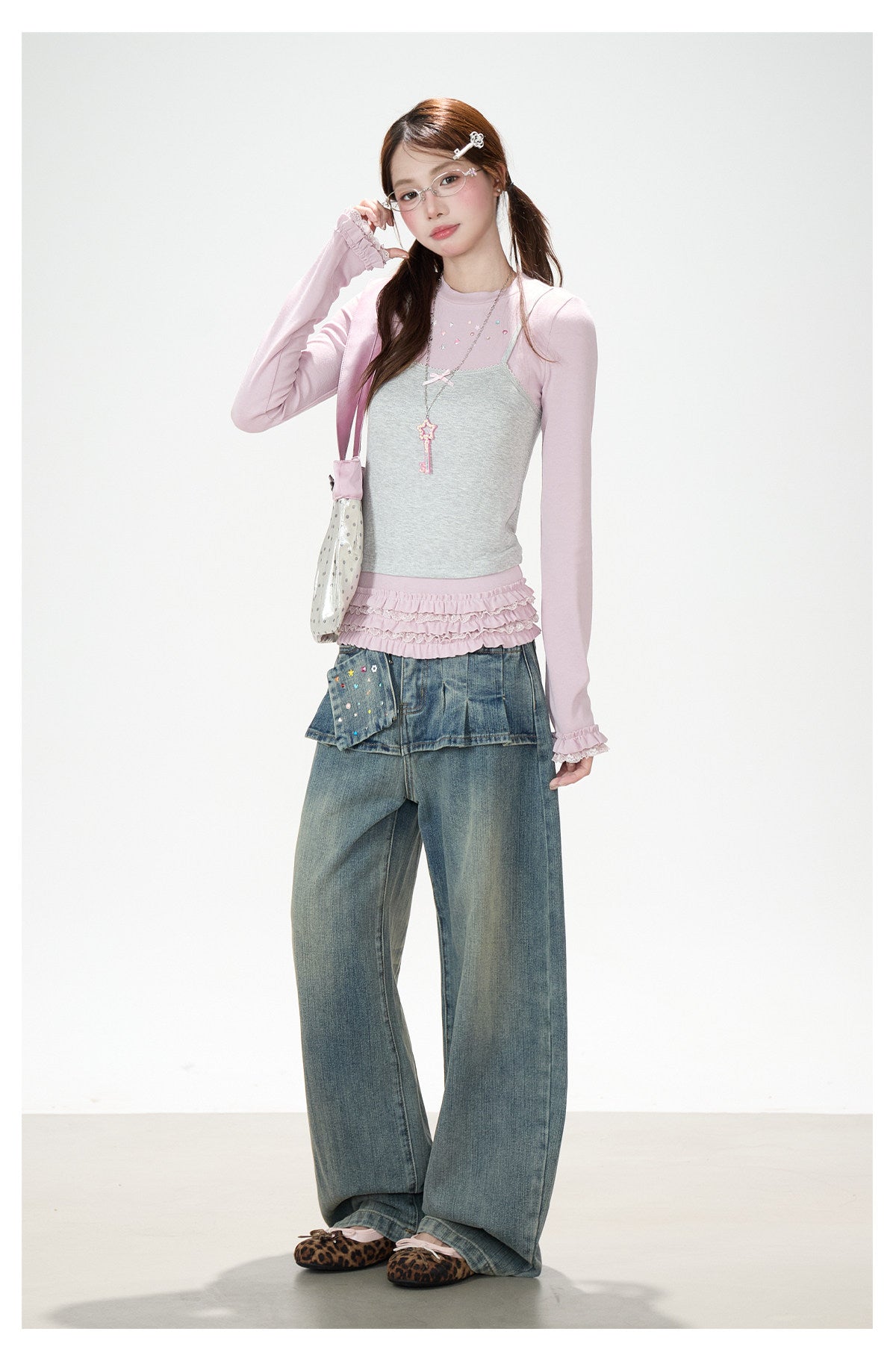 Gray-Pink Faux-Layered Lace Ruffle Long Sleeve Top
