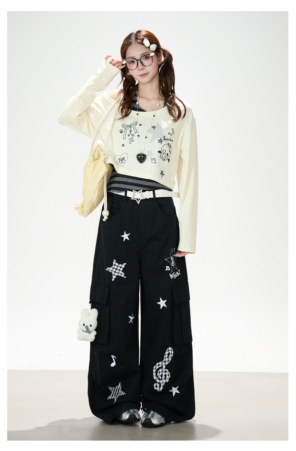 Cartoon Patch Embroidered Wide-Leg Cargo Pants
