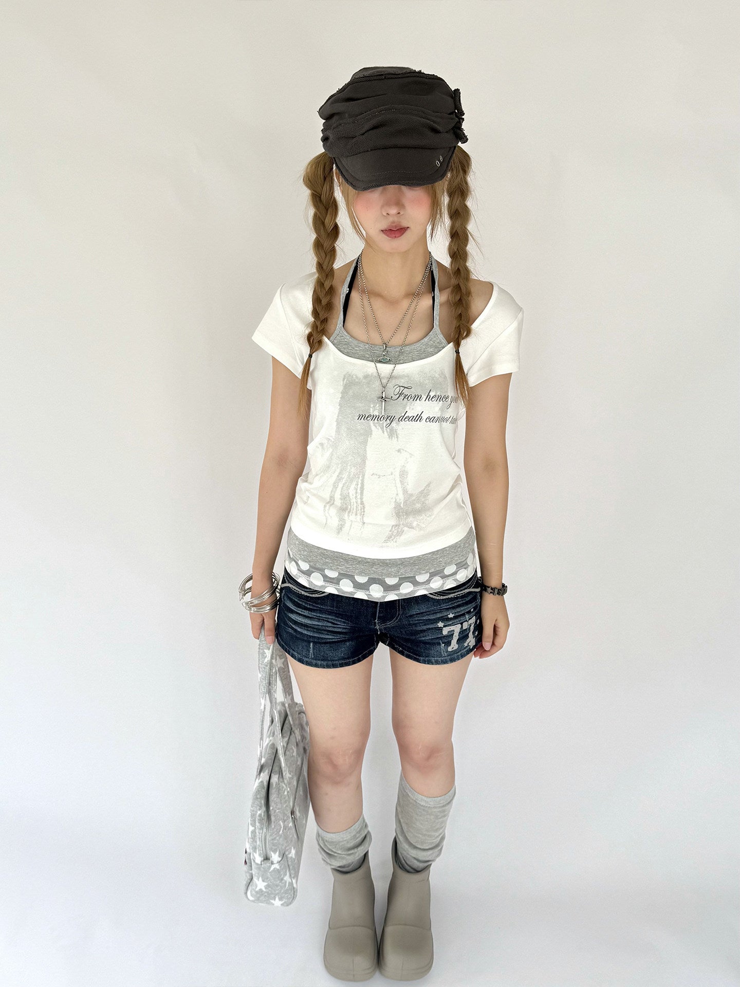 White Gardenia Faux-Layer Halter Graphic Tee