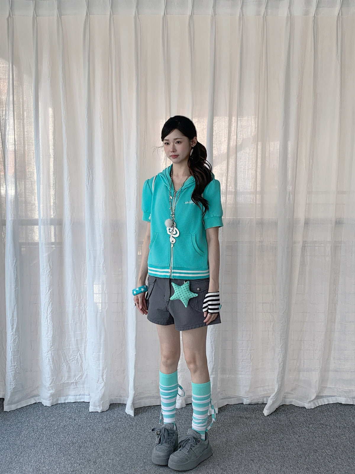 Embroidered Stripe-Trim Short Sleeve Zip Hoodie