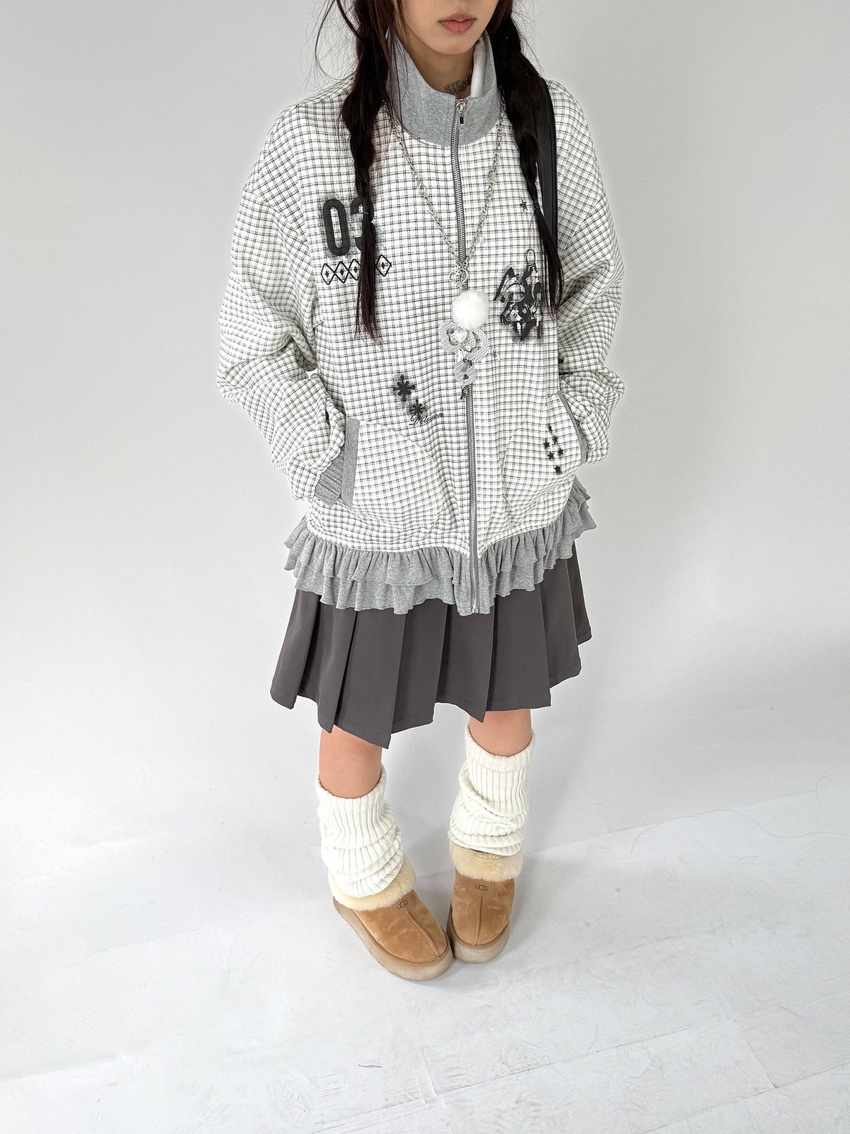 Sugar Check Graphic Ruffle-Hem Zip-Up Jacket