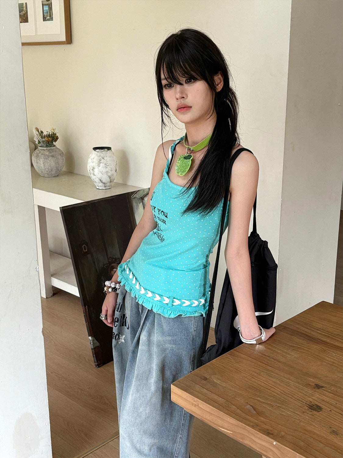 Aqua Polka Dot Braided Ruffle Tank Top