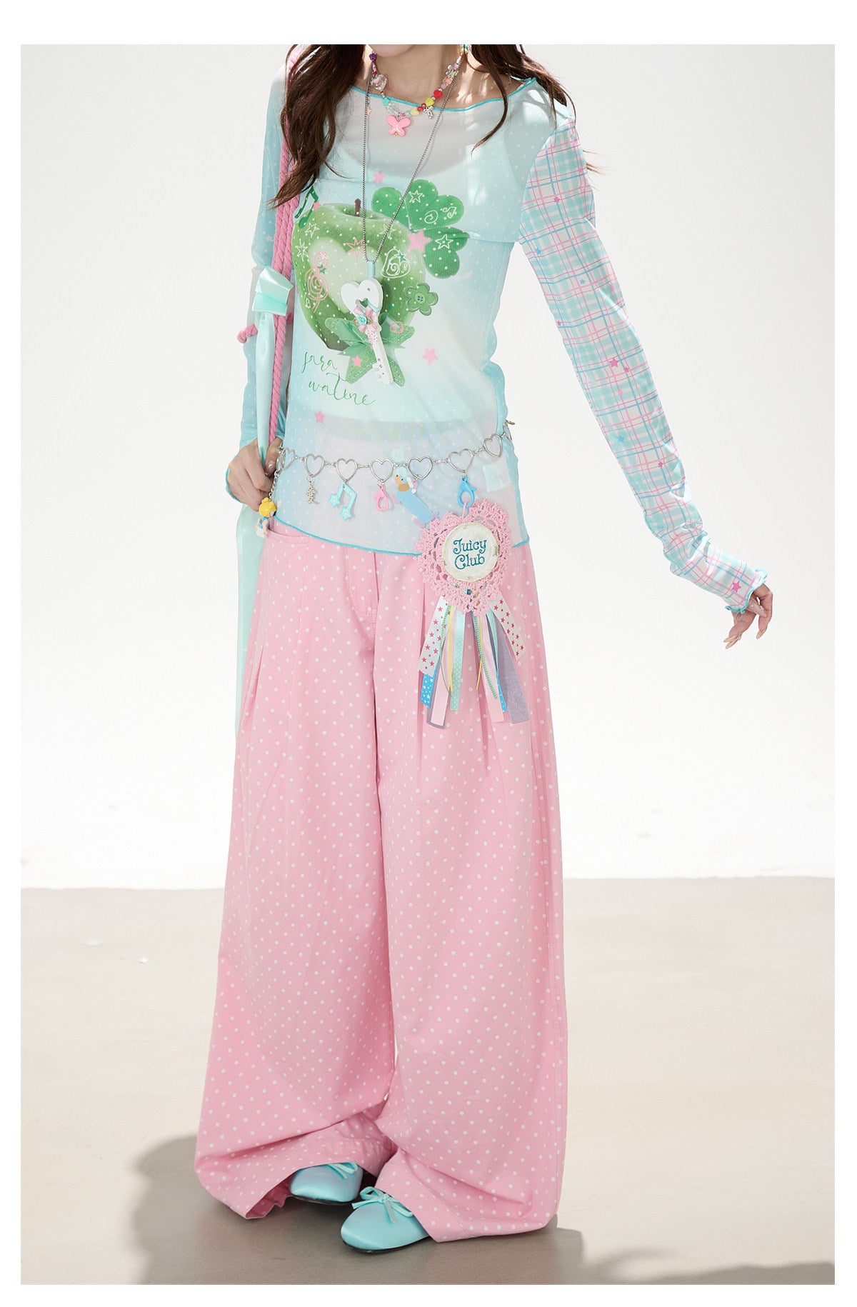 Apple Plaid Mesh Long Sleeve Top & Pink Polka Dot Wide Leg Pants