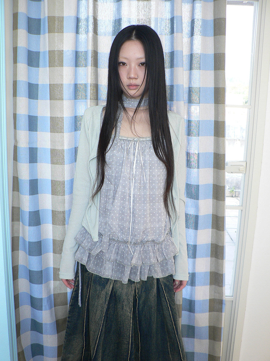 Polka Dot Ruffle Camisole & Cardigan Set with Scarf