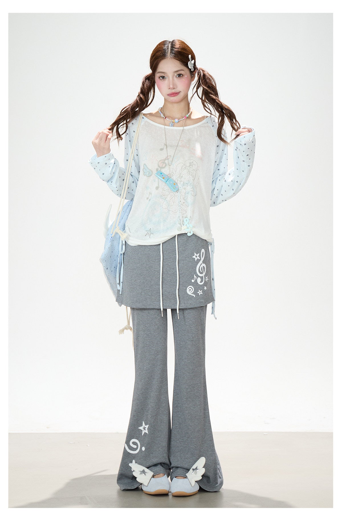 Dreamy Star Raglan Long Sleeve Top & Gray Striped Star Flare Pants
