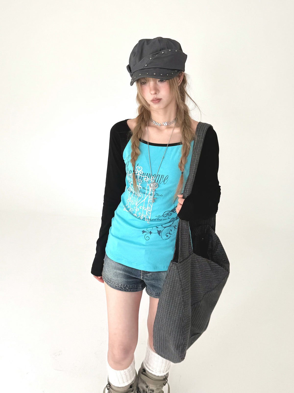 Aqua Contrast Graphic Raglan Long Sleeve Top