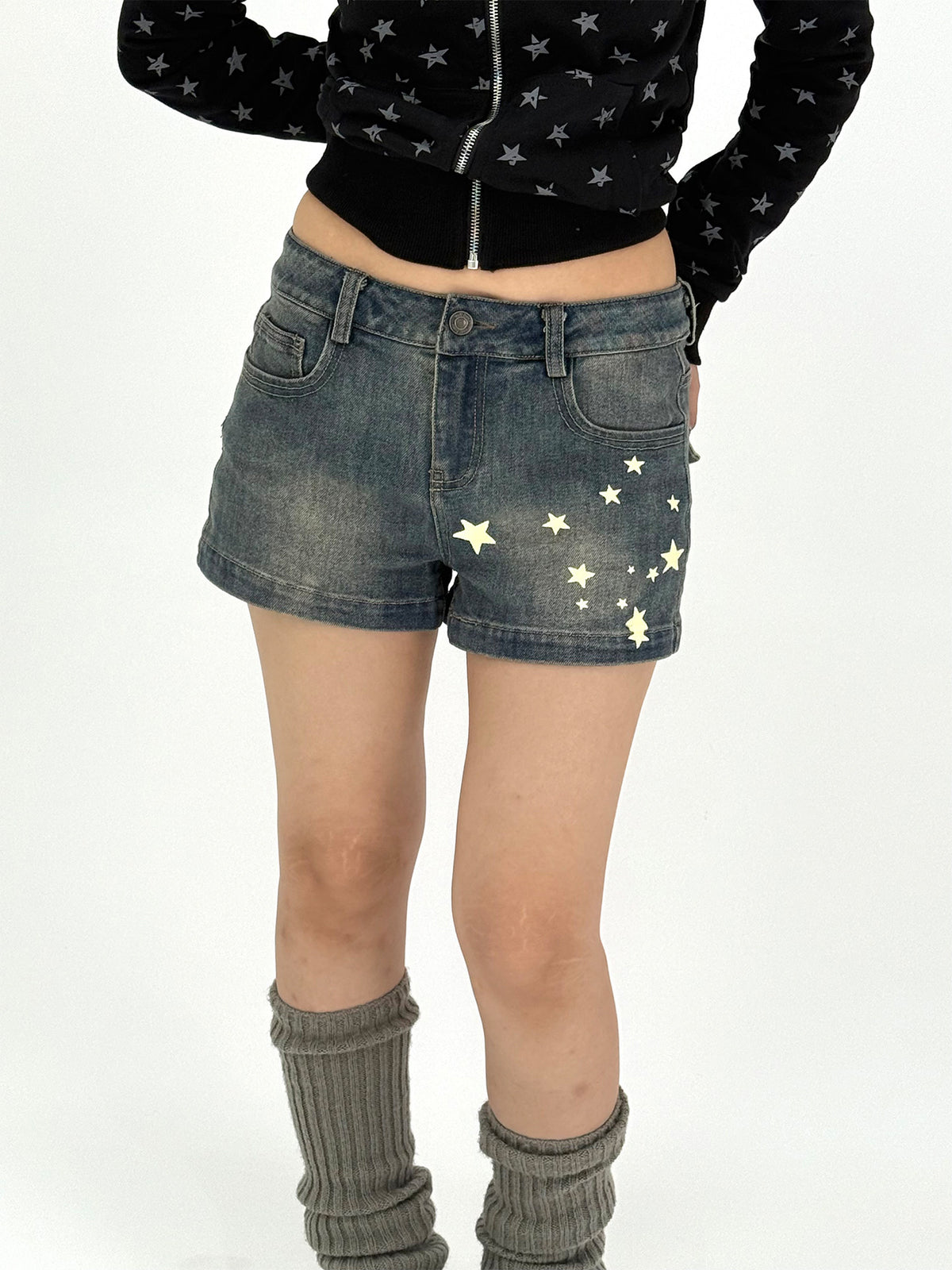 Star Print Washed Low-Rise Denim Shorts