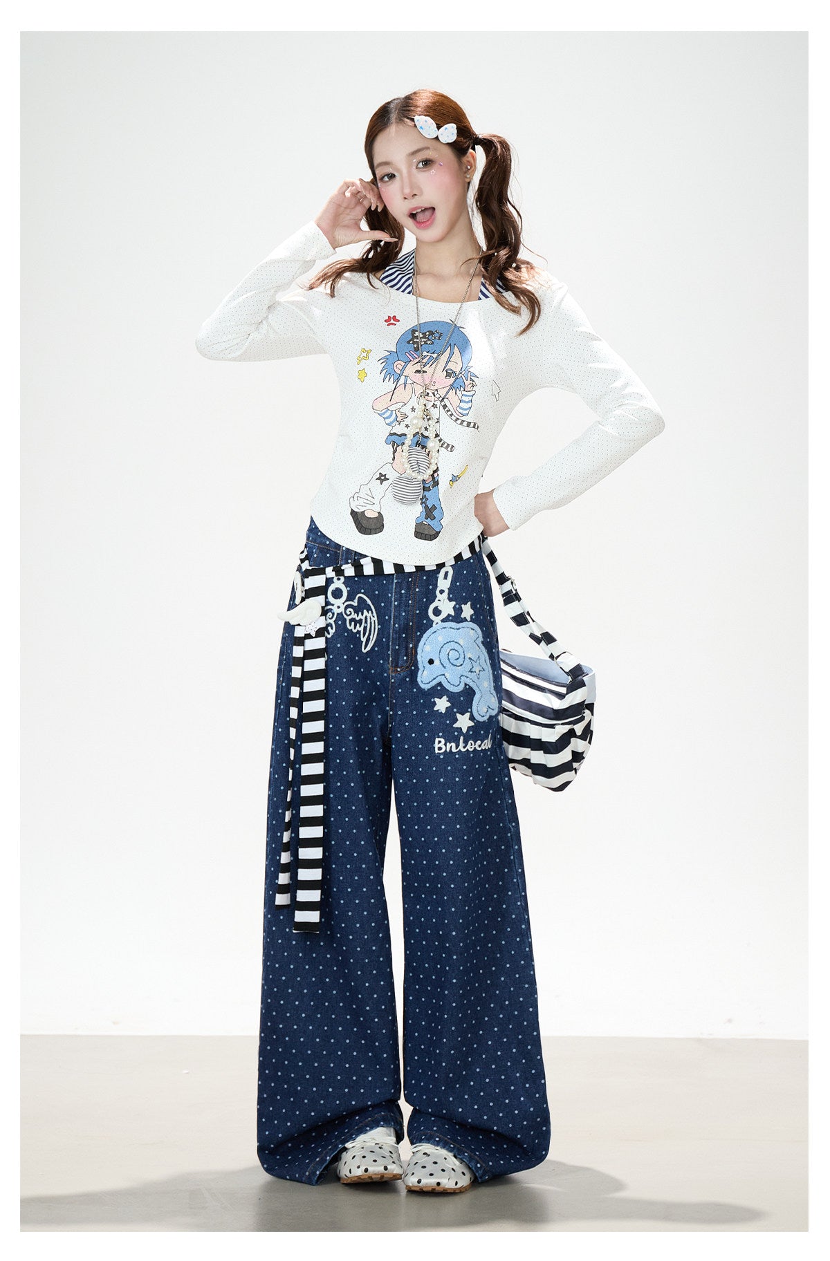 Dolphin Embroidered Polka Dot Wide-Leg Jeans