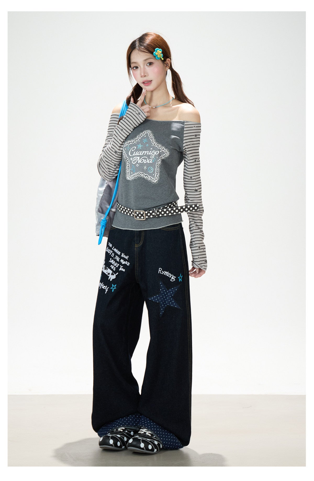 Puppy & Star Graphic Washed Wide-Leg Jeans