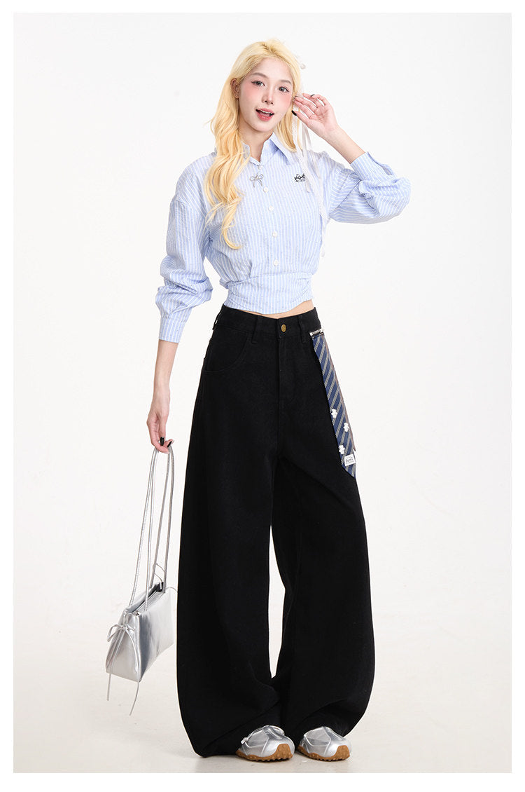 Curved-Leg Wide-Leg Pants with Detachable Tie