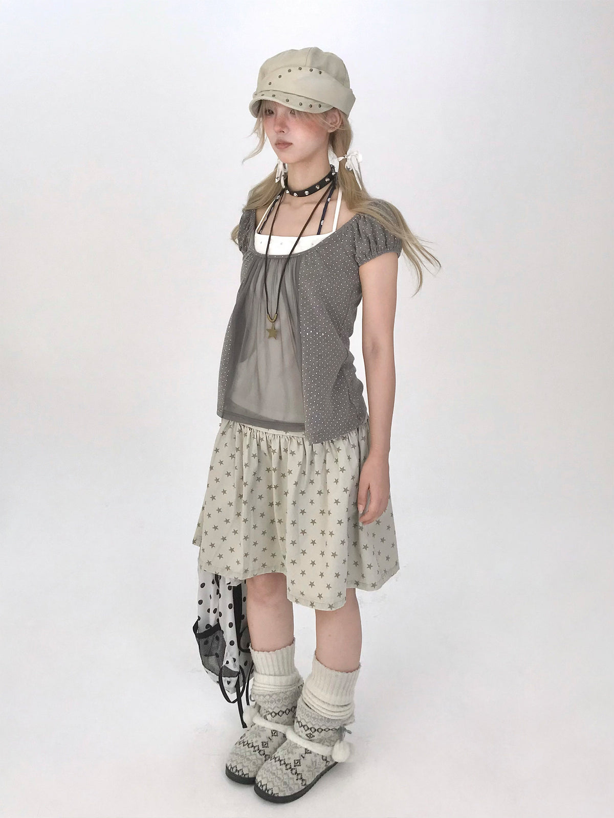 Polka Dot Mesh Panel Faux-Layered Short Sleeve Top