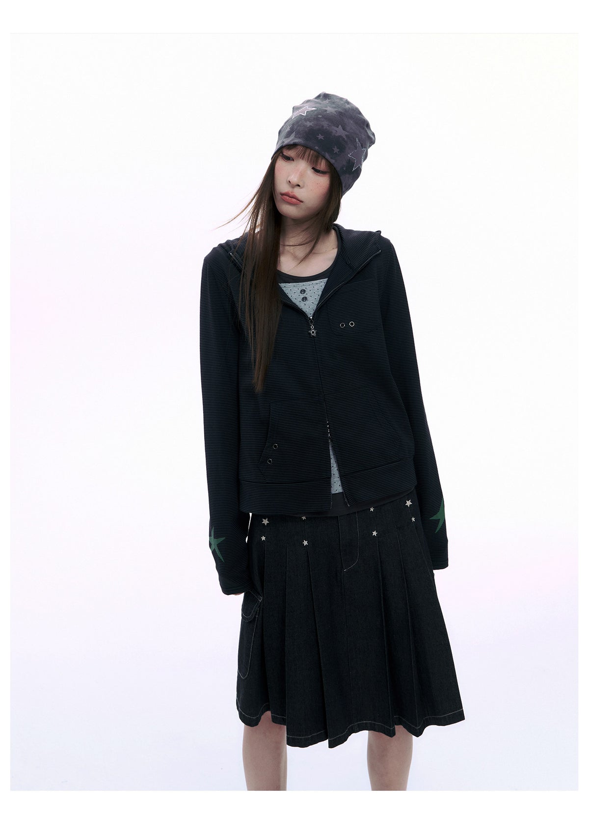 Embroidered Star Pleated Denim Midi Skirt