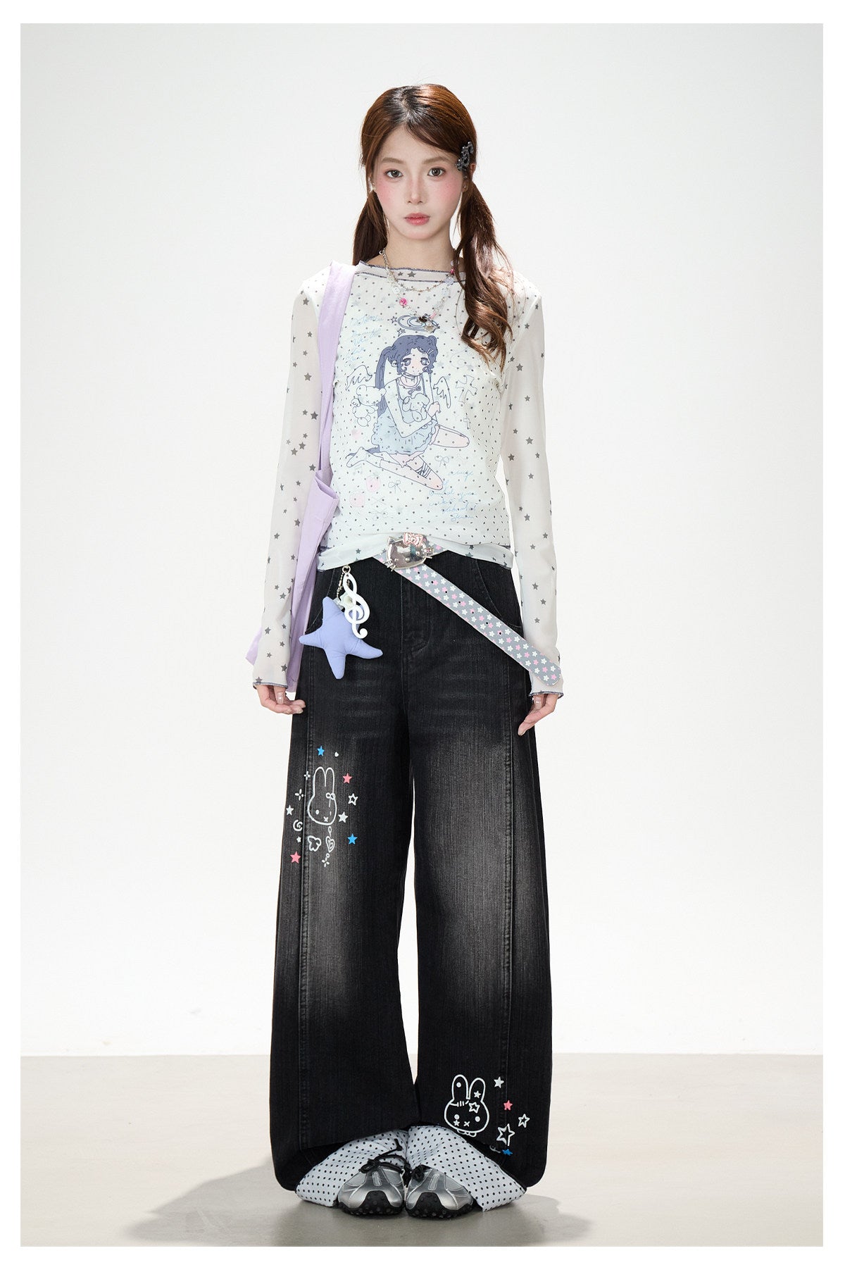 Anime Star Polka-Dot Mesh Long Sleeve Top & Bunny Graphic Wide-Leg Jeans