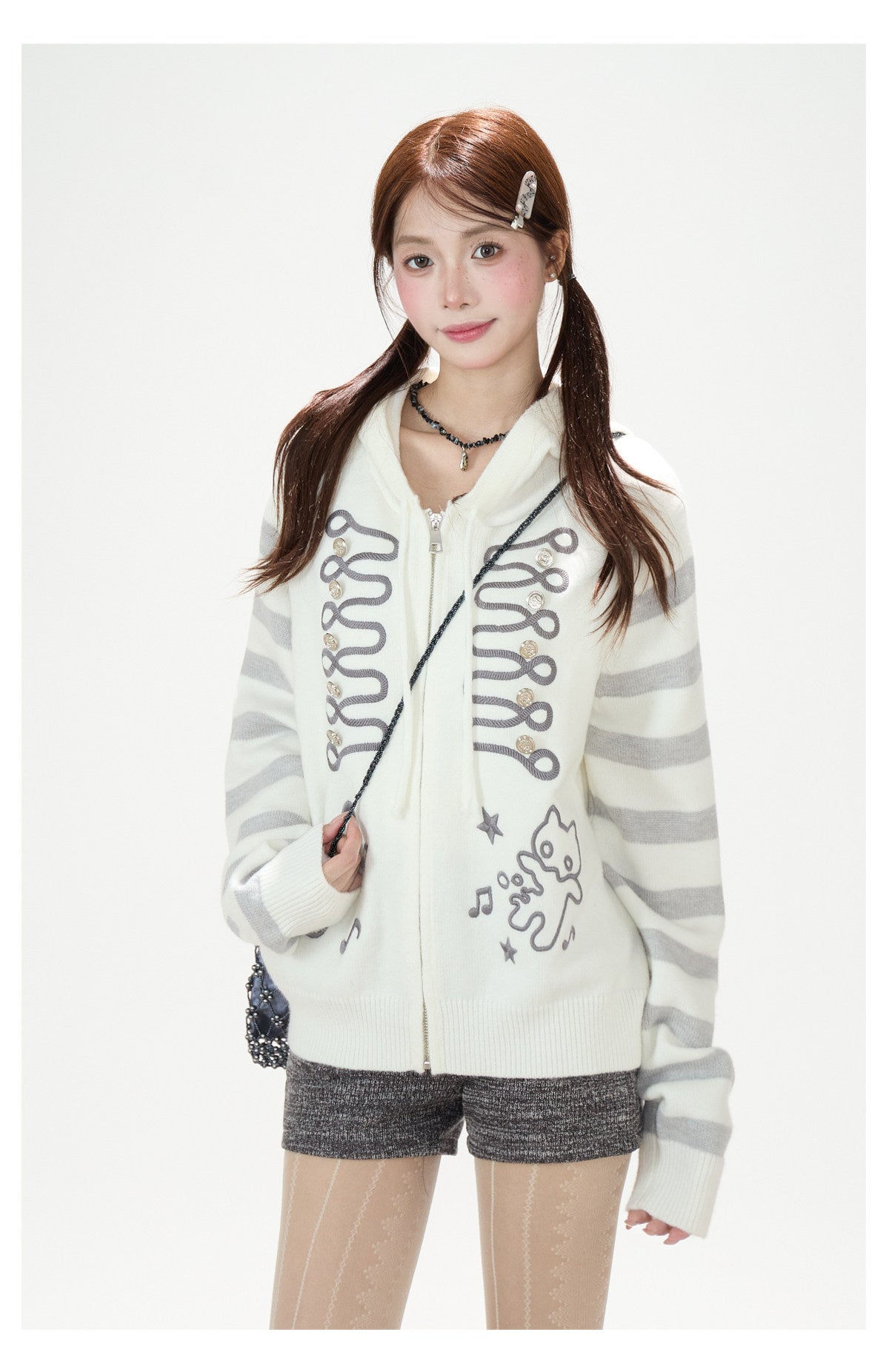 Doodle Stripe Hooded Knit Zip Cardigan