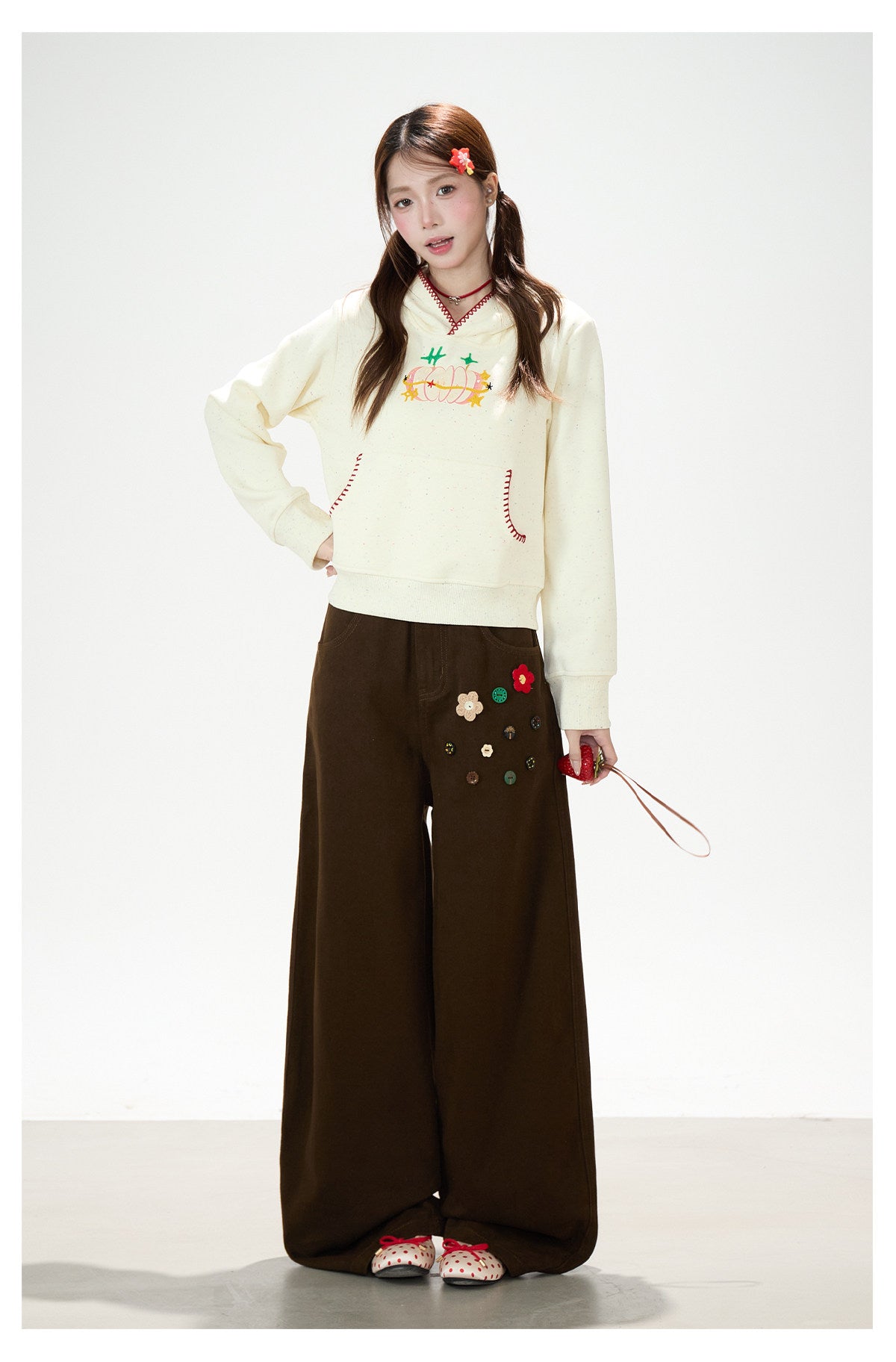 Apple Embroidered Hoodie & Floral Wide-Leg Sweatpants