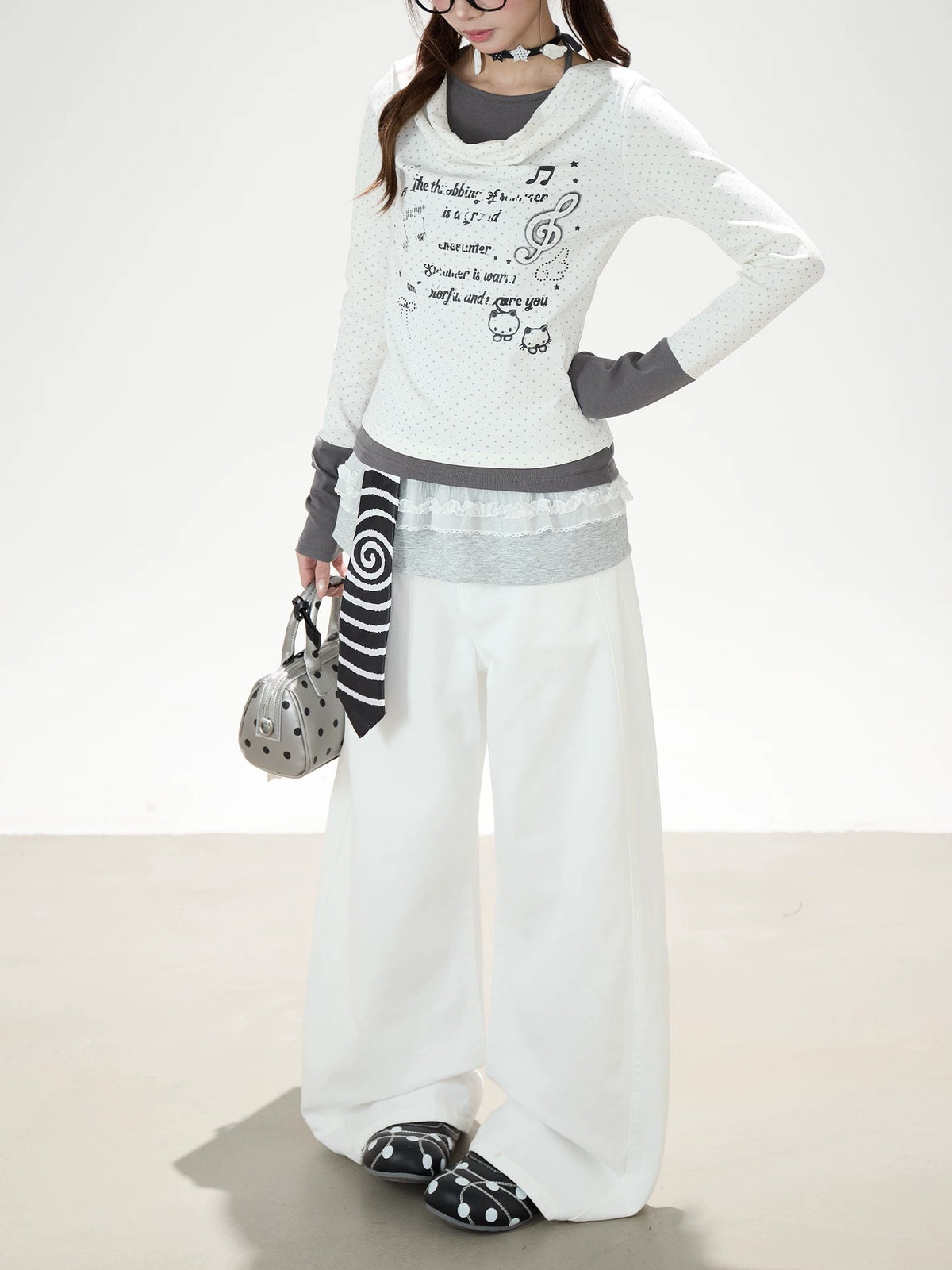 Music Note Cat Polka-Dot Layered Long Sleeve Top & White Wide-Leg Pants