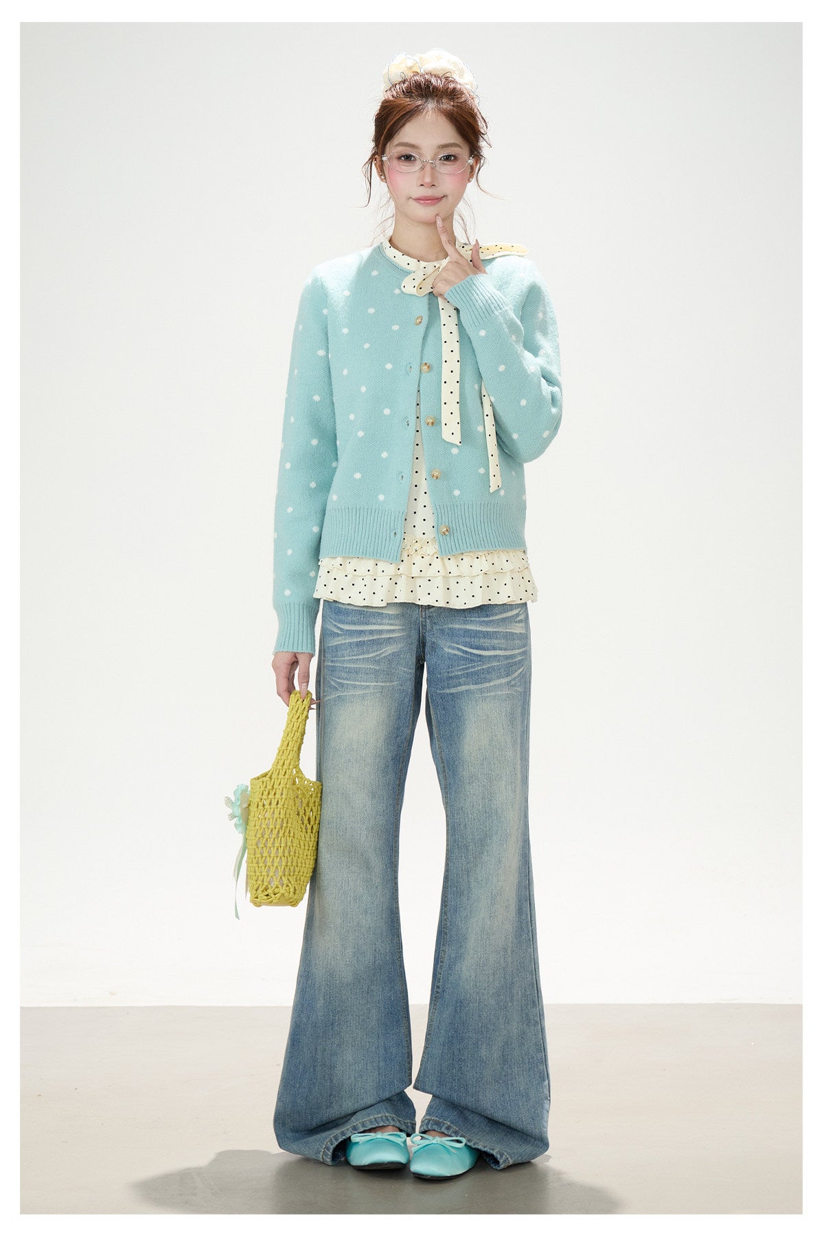 Polka-Dot Jacquard Knit Cardigan & Washed Flare Jeans