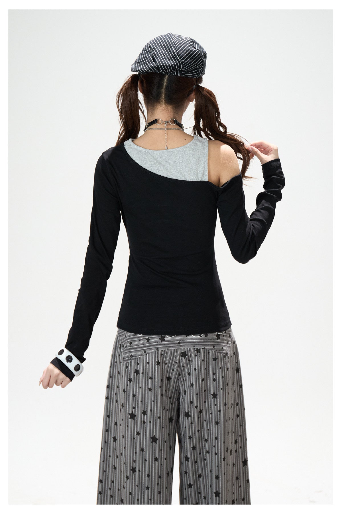Star Melody Off-Shoulder Long Sleeve Top & Contrast Pocket Wide-Leg Pants