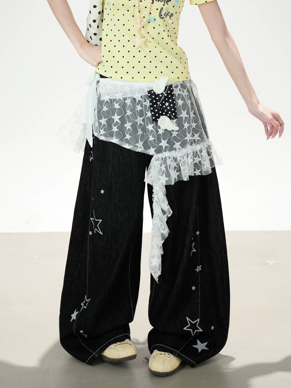Star Print Lace Layered Wide-Leg Jeans