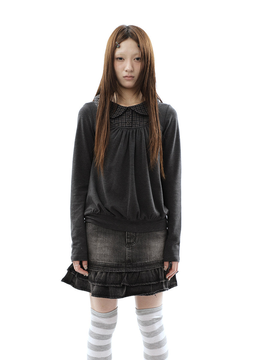 Plaid Collar Gathered Layered Long Sleeve Top