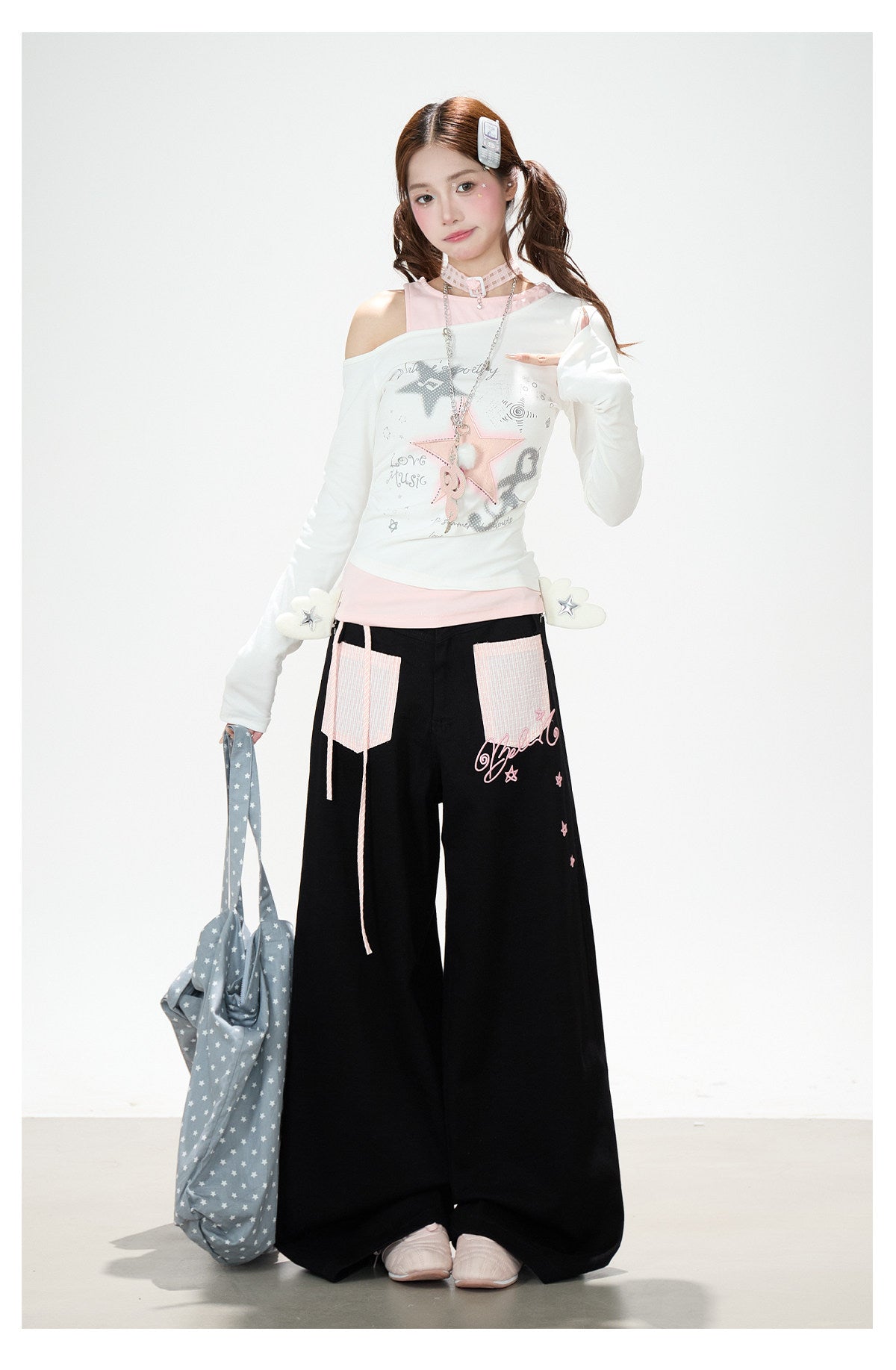 Star Melody Off-Shoulder Long Sleeve Top & Contrast Pocket Wide-Leg Pants