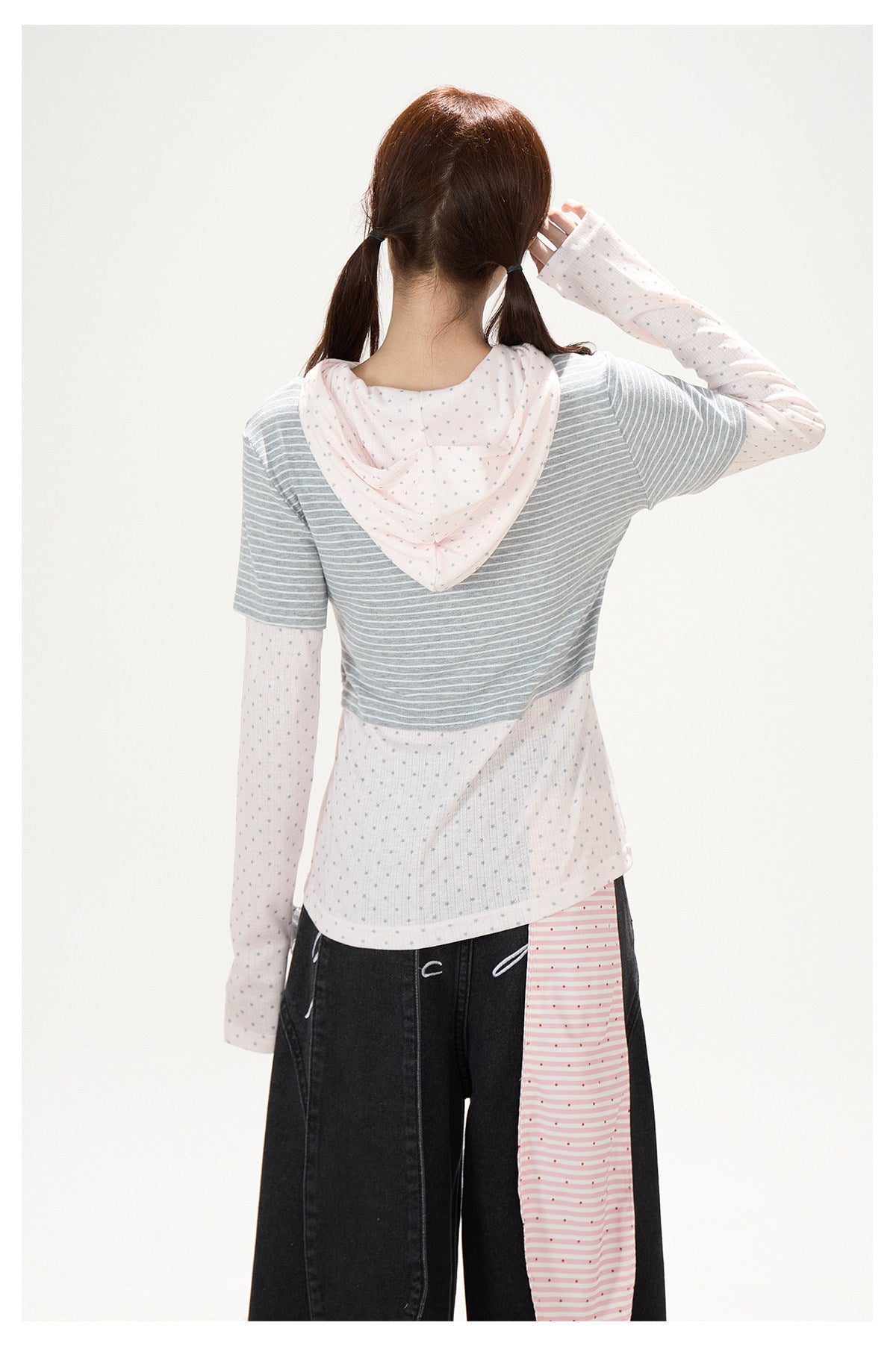 Striped Polka-Dot Layered Two-Piece Top Set & Star Patch Wide-Leg Jeans