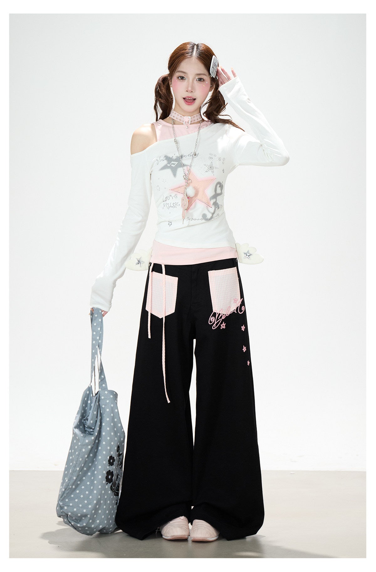 Star Melody Off-Shoulder Long Sleeve Top & Contrast Pocket Wide-Leg Pants