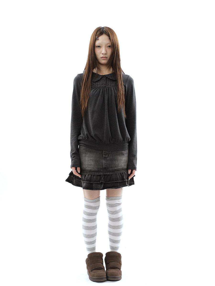 Plaid Collar Gathered Layered Long Sleeve Top