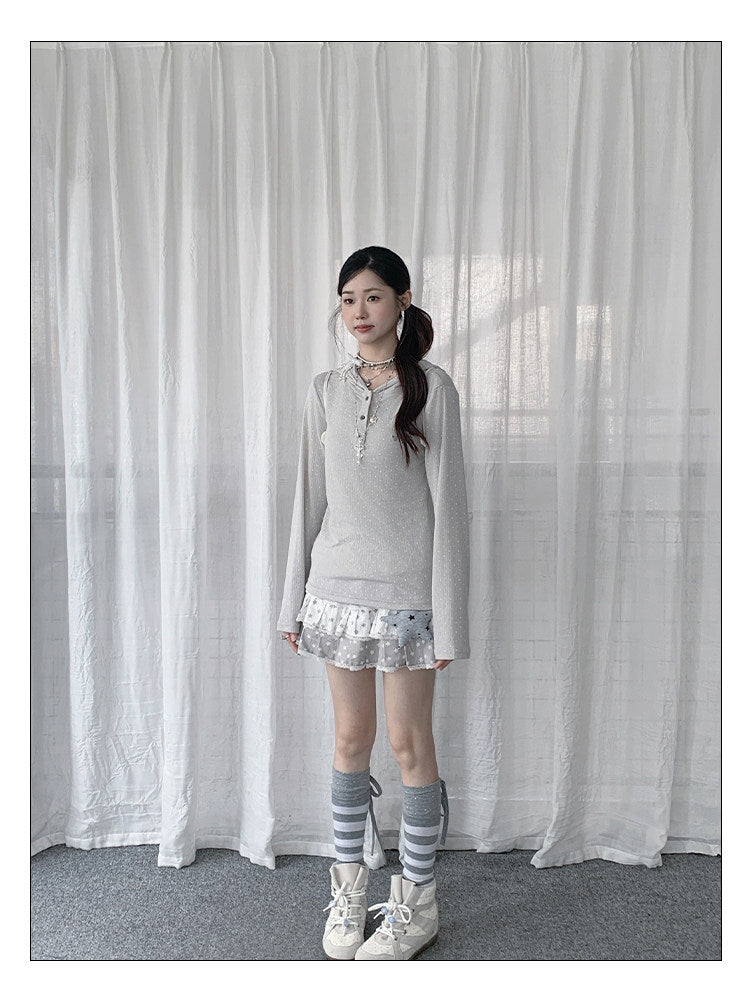 Polka Dot Henley Hooded Long Sleeve Top