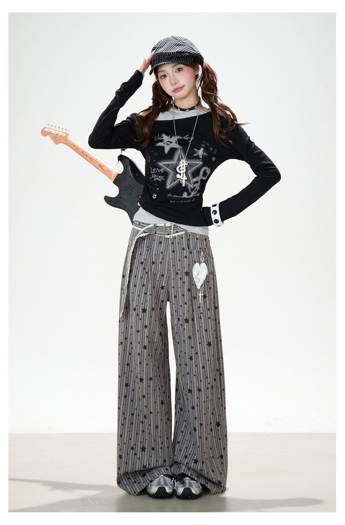 Star Melody Off-Shoulder Long Sleeve Top & Contrast Pocket Wide-Leg Pants