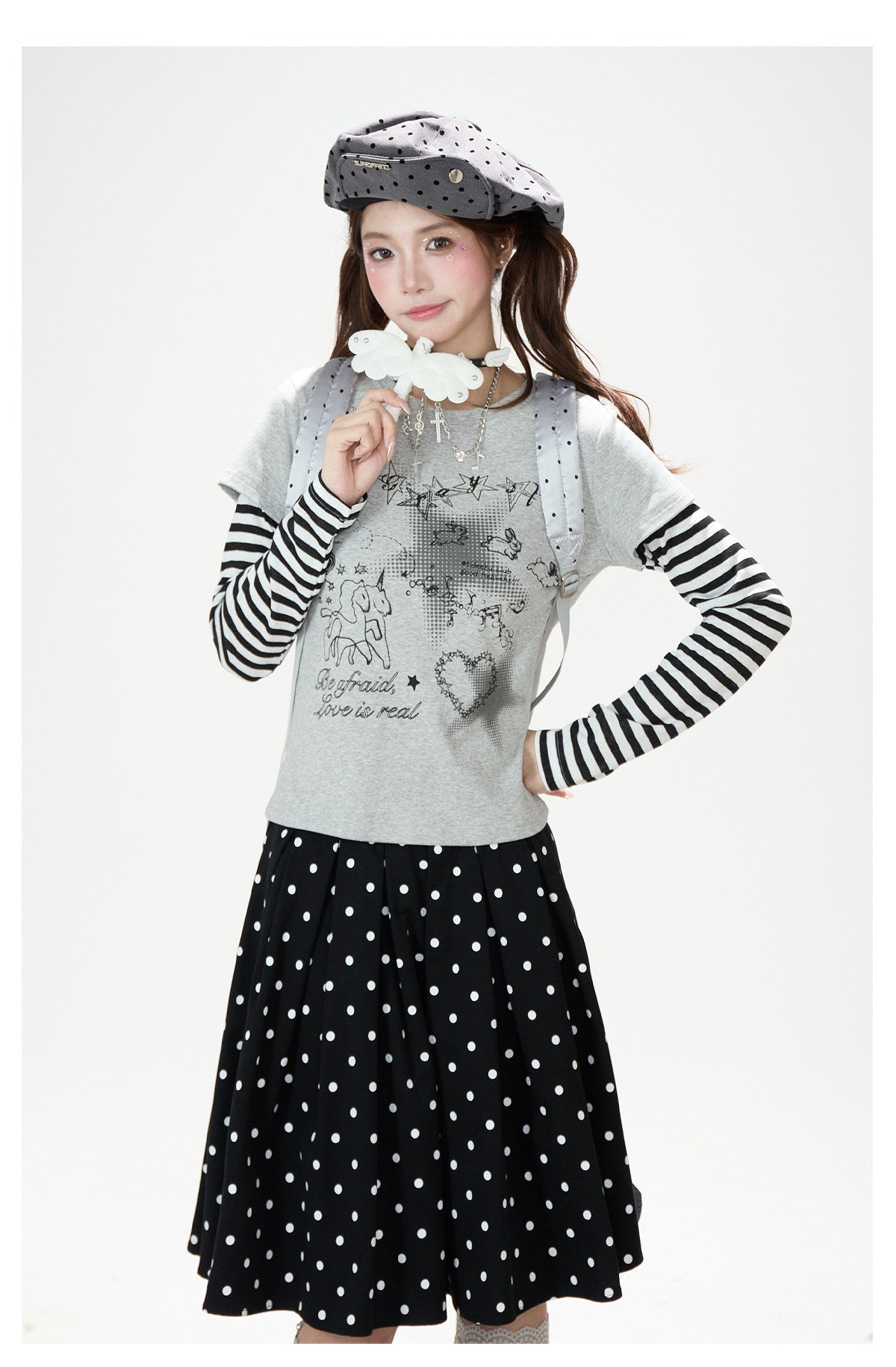 Striped Faux-Layered Graphic Long Sleeve Top & Polka Dot Pleated Mini Skirt