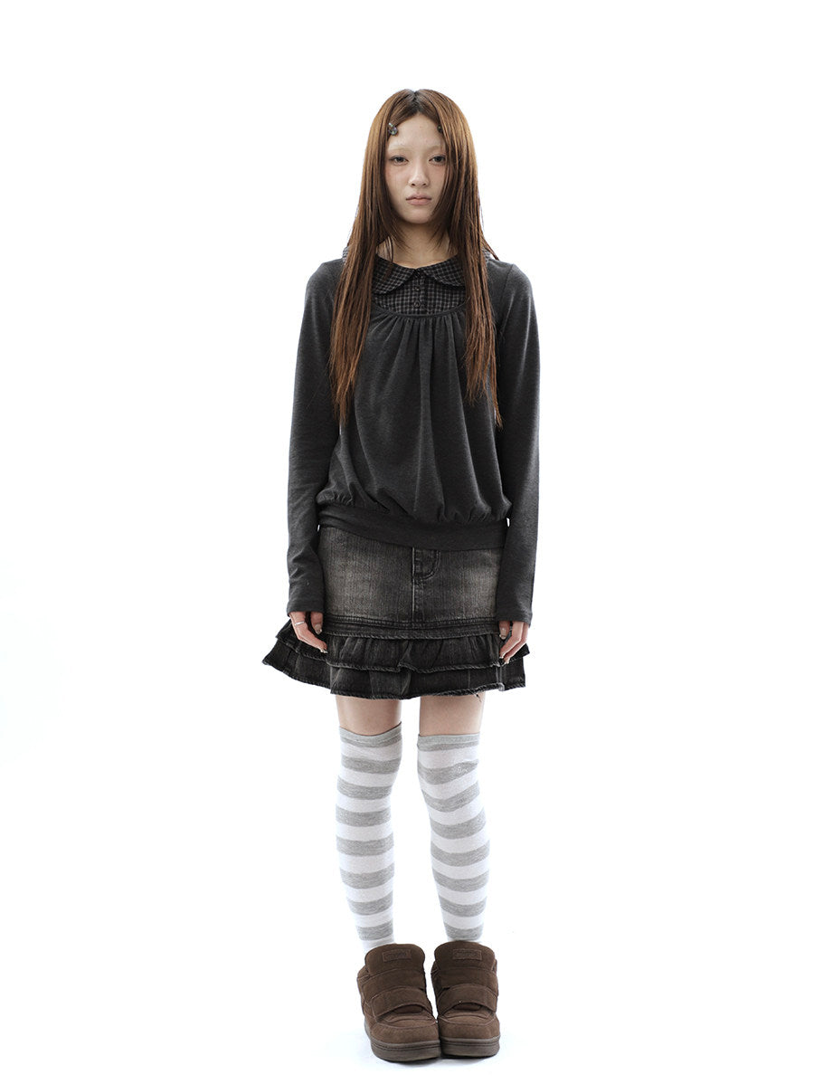 Plaid Collar Gathered Layered Long Sleeve Top