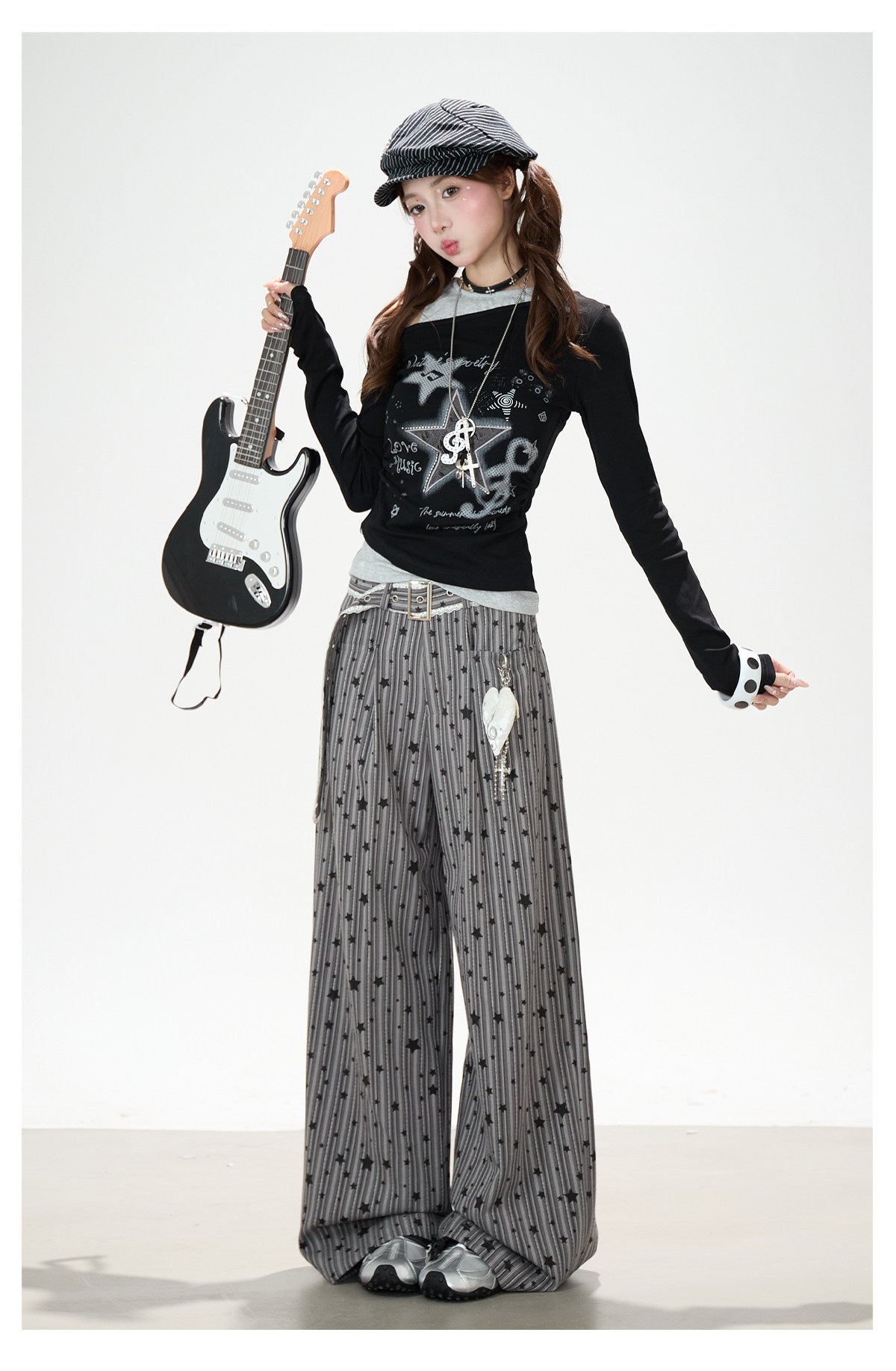 Star Melody Off-Shoulder Long Sleeve Top & Contrast Pocket Wide-Leg Pants