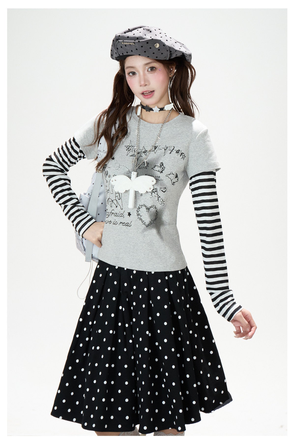 Striped Faux-Layered Graphic Long Sleeve Top & Polka Dot Pleated Mini Skirt