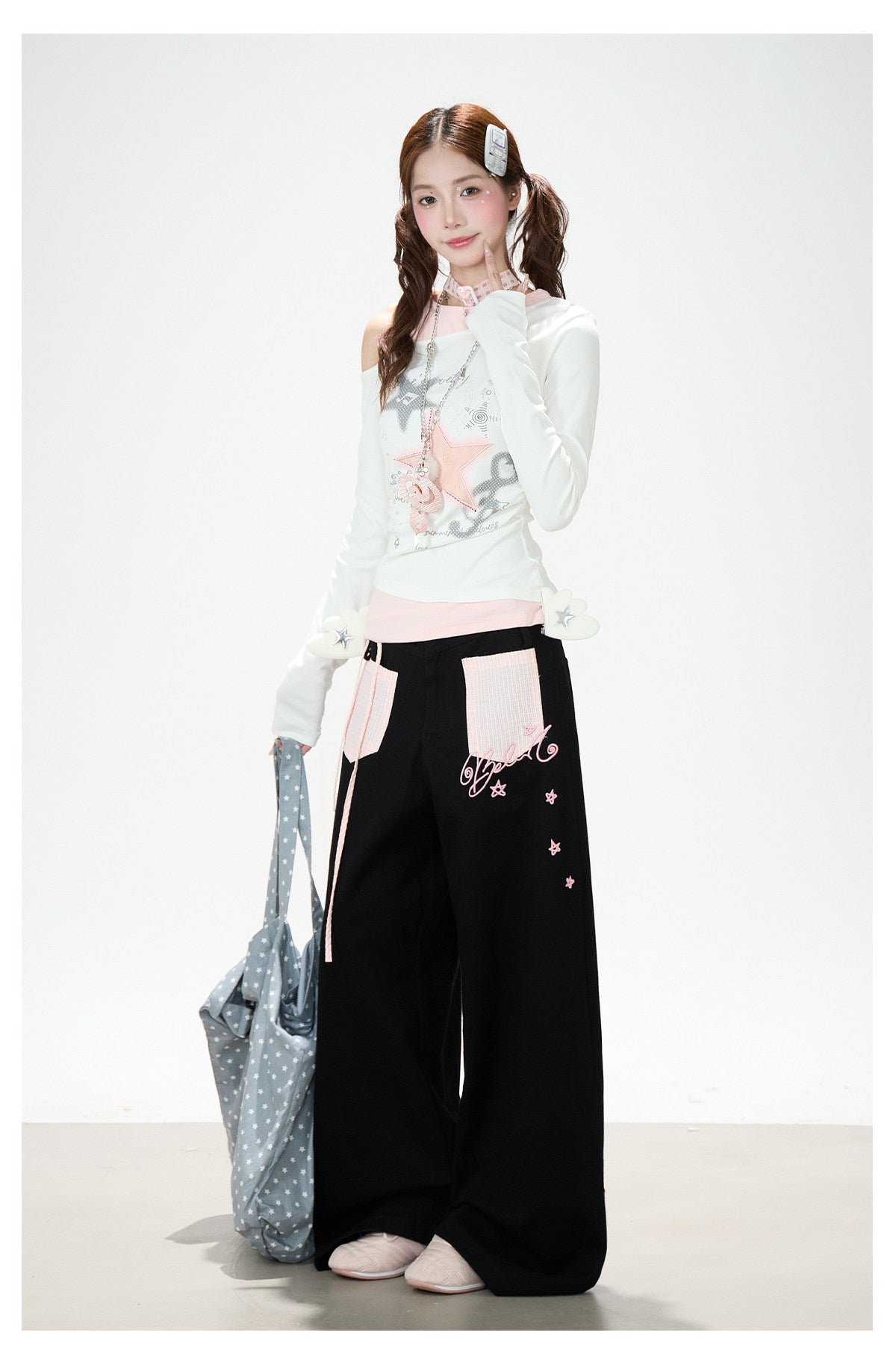 Star Melody Off-Shoulder Long Sleeve Top & Contrast Pocket Wide-Leg Pants